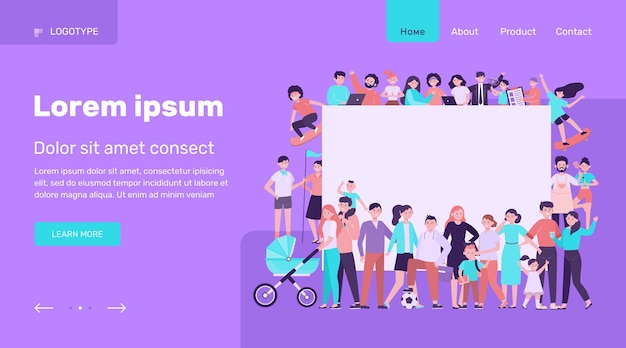 空白のプラカードフラットイラストで幸せな人々の群衆。
