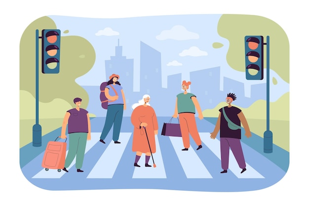 Бесплатное векторное изображение Толпа разных людей, пересекающих авеню, дорогу, плоскую иллюстрацию