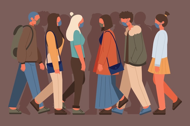 Free vector crowd of people wearing face masks