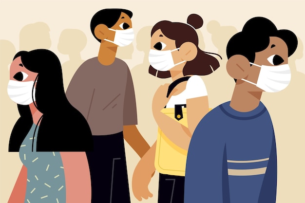 Free vector crowd of people wearing masks