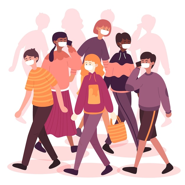 Free vector crowd of people with mask