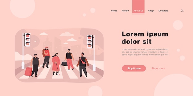 Crowd of various people crossing avenue road landing page in\
flat style