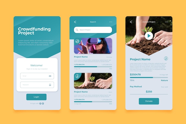 Free vector crowdfunding app screens