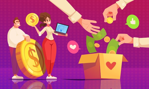 Free vector crowdfunding cartoon concept with human hands putting money into box vector illustration