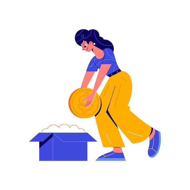 Crowdfunding composition with character of girl putting coin into carton box illustration