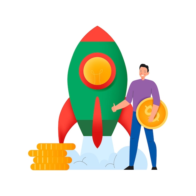 Vettore gratuito composizione di crowdfunding con illustrazione piatta del lancio di un razzo con un uomo che tiene in mano una moneta da un dollaro