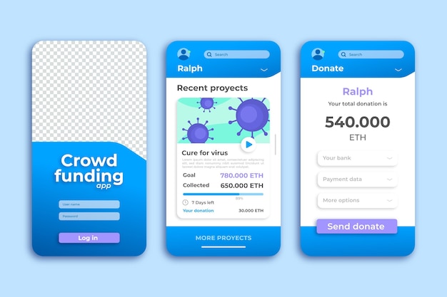 無料ベクター クラウドファンディングがスマートフォンアプリテンプレートを寄付する