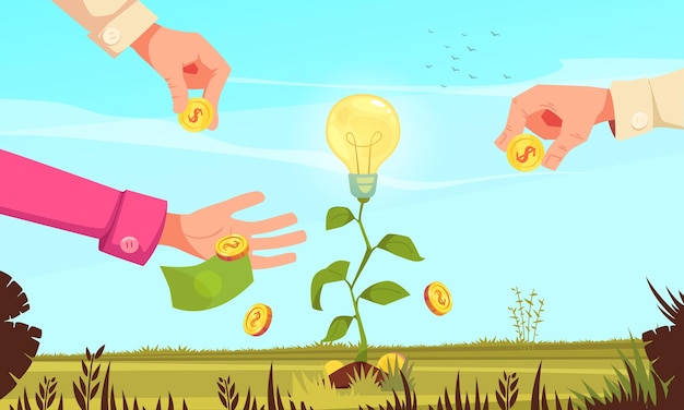 Бесплатное векторное изображение Краудфандинг плоская концепция мультфильма с человеческими руками, бросающими монеты и продуктивными идеями, символами роста, векторной иллюстрацией