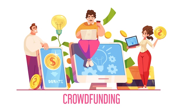 Vettore gratuito crowdfunding flat concept con gadget mobili e simboli di donazione di denaro online illustrazione vettoriale