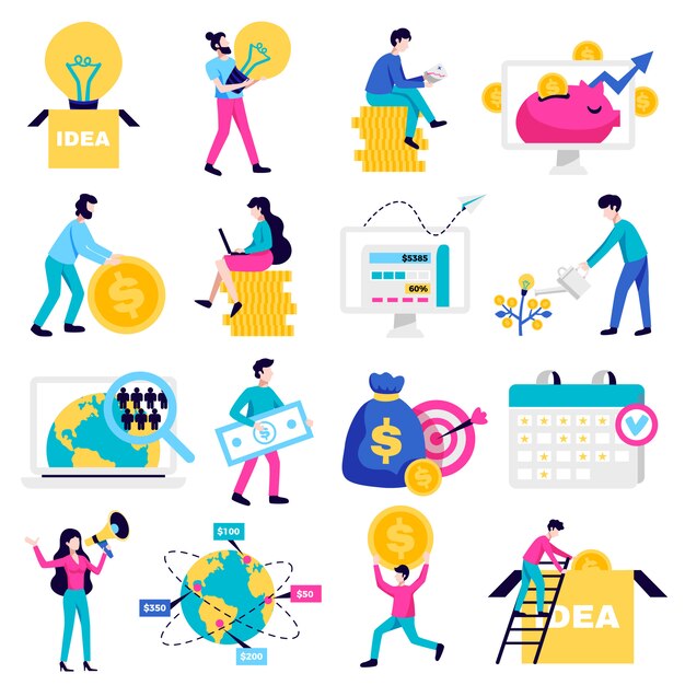 Crowdfunding money raising internet platforms for business startup nonprofit charity ideas symbols flat icons collection  illustration