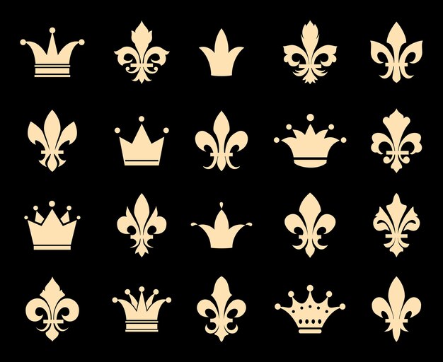 Crown and fleur de lis icons. Symbol insignia, royal antique heraldic decoration, vector illustration