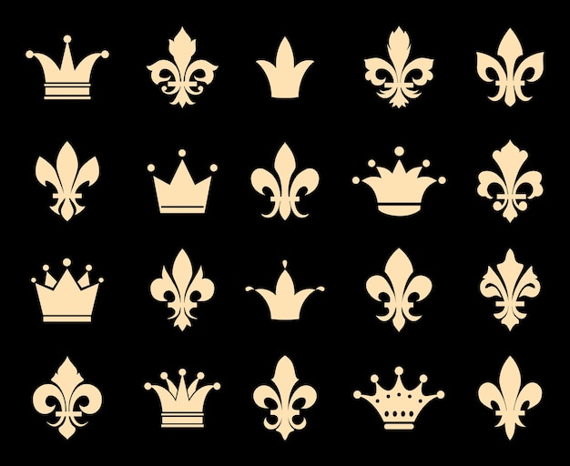 Корона и иконы Флер де Лис. Знаки отличия, королевские античные геральдические украшения, векторные иллюстрации