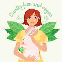 Vettore gratuito messaggio cruelty free e vegano con donna che tiene un coniglietto illustrato