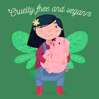 Free vector cruelty free and vegan message with woman holding a piggy illustrated