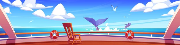 カモメ鳥とクジラの景色を望むクルーズ船のデッキ