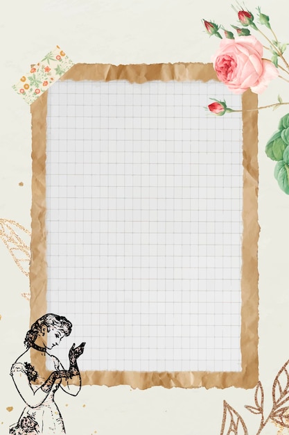 Crumpled brown paper frame with grid background