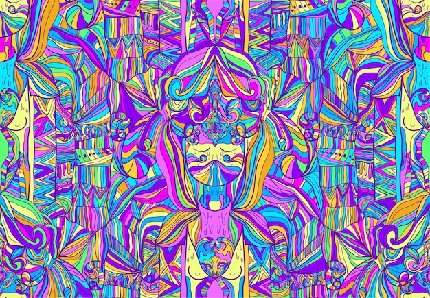 Crying Girl on Psychedelic Seamless Pattern