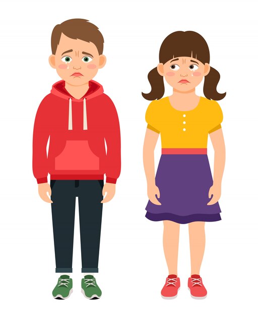 泣いている子供文字ベクトルイラスト 涙が染み込んだ目の悲しいと欲求不満の子供たち プレミアムベクター