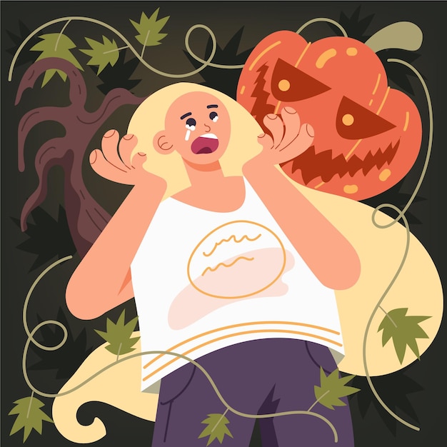 Free vector crying woman being scared by a spooky pumpkin