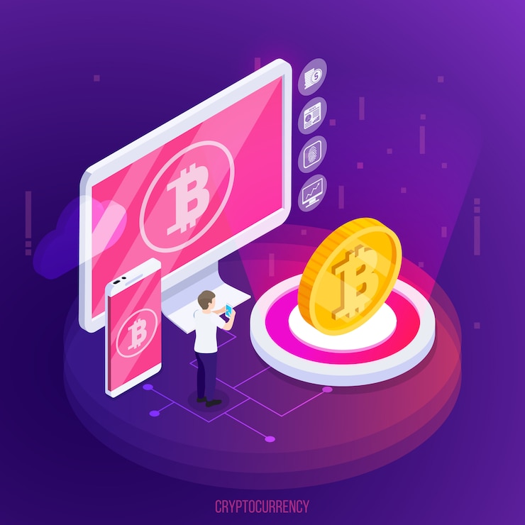 Free Vector crypto currency financial technology isometric composition with electronic devices and golden coin on purple