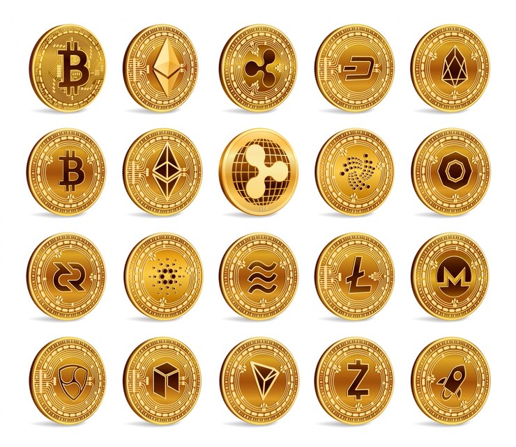 Cryptocurrency 3D 황금 동전을 설정합니다. 비트 코인, 리플, 이더 리움, 라이트 코인, 모네로 및 기타.