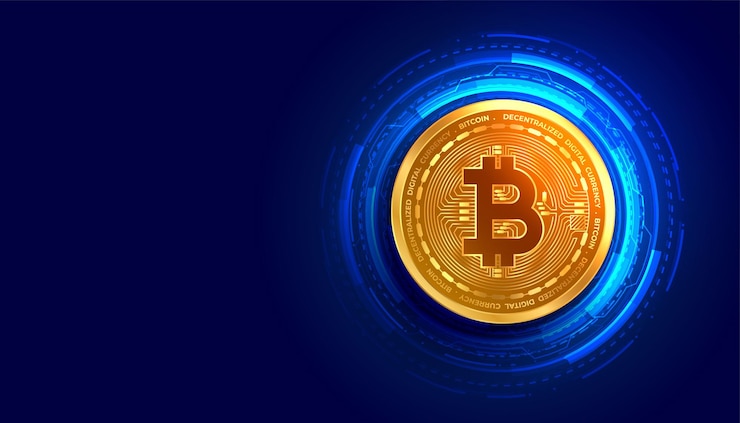 Бесплатный Вектор криптовалюта биткойн золотая монета с фоном линий цифровой цепи