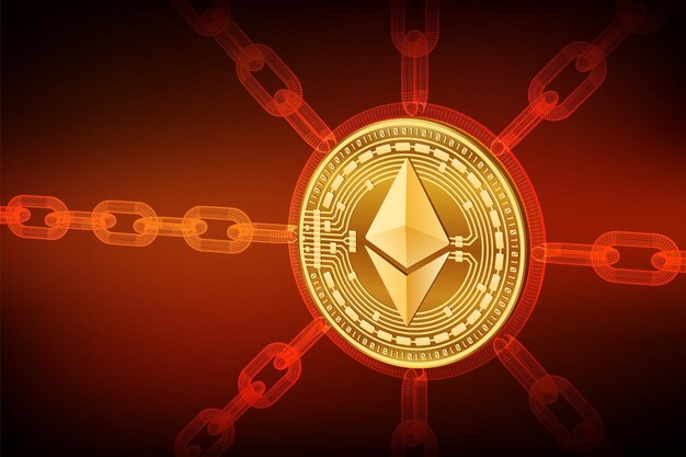 Cryptocurrency Blockchain Ethereum 3D 아이소 메트릭 물리적 Ethereum 코인 와이어 프레임 체인 블록 체인 개념 편집 가능한 템플릿 주식 벡터 일러스트 레이 션