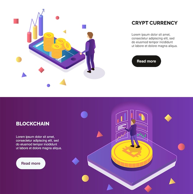 Free vector cryptocurrency and blockchain horizontal isometric banners set with people do mining 3d isolated vector illustration