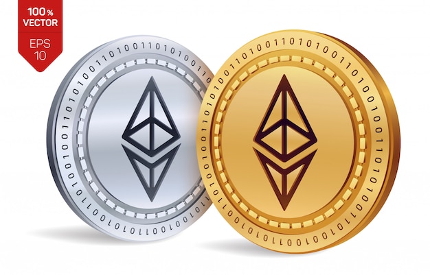Бесплатное векторное изображение Криптовалюта золотые и серебряные монеты с символом эфириума, изолированные на белом фоне.