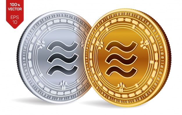 天秤座のシンボルが白い背景で隔離のcryptocurrency黄金と銀のコイン。