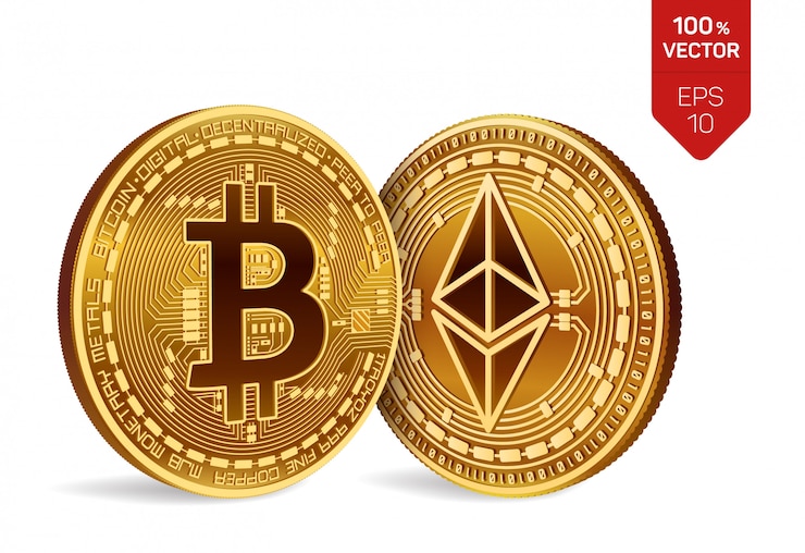 Бесплатный Вектор криптовалюта золотые монеты с биткойнами и символом эфириума, изолированные на белом фоне.