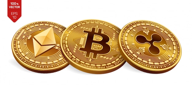 Monete d'oro di criptovaluta con il simbolo bitcoin, ripple ed ethereum su sfondo bianco.