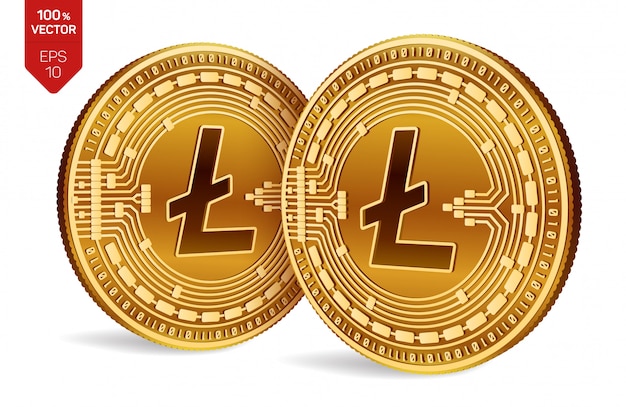 Free vector cryptocurrency golden coins with litecoin symbol isolated on white background.