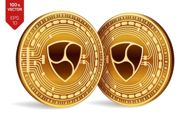 Free vector cryptocurrency golden coins with nem symbol isolated on white background.