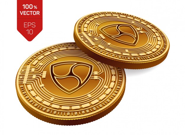 Cryptocurrency golden coins with nem symbol isolated on white background.