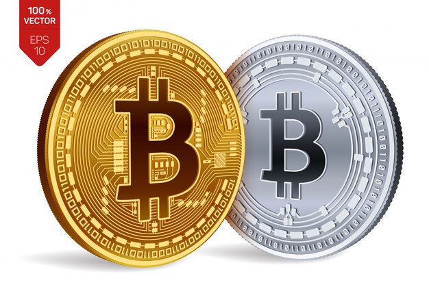 Bitcoin CashシンボルとBitcoinシンボルが白い背景で隔離のCryptocurrencyゴールデンとシルバーコイン。