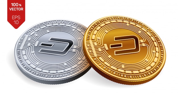 Free vector cryptocurrency golden and silver coins with dash symbol isolated on white background.