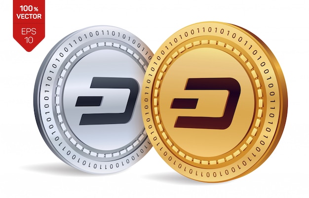 Free vector cryptocurrency golden and silver coins with dash symbol isolated on white background.