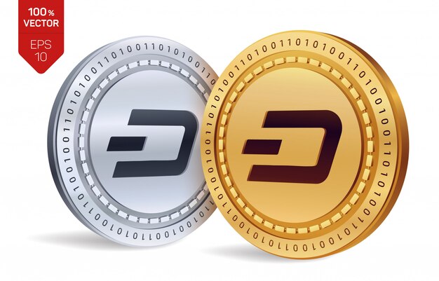 Cryptocurrency golden and silver coins with dash symbol isolated on white background.