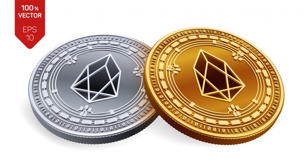 EOS 기호 흰색 배경에 고립 된 암호화 된 황금과 은색 동전.