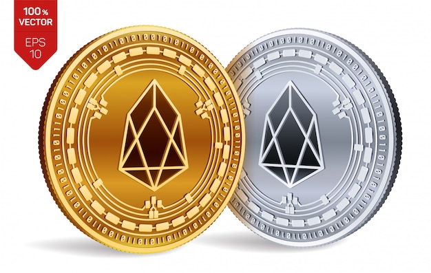 Free vector cryptocurrency golden and silver coins with eos symbol isolated on white background.