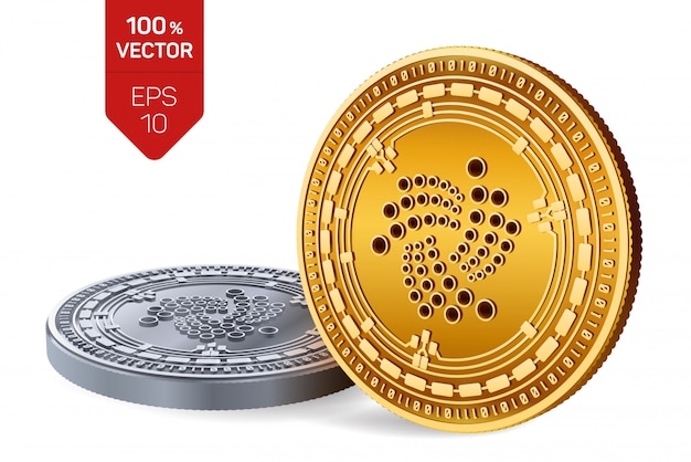 Monete d'oro e d'argento di criptovaluta con il simbolo iota isolato su sfondo bianco.