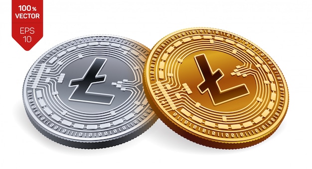 白い背景に分離されたLitecoinシンボルとCryptocurrency黄金と銀のコイン。