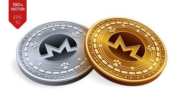 Moneroシンボルが白い背景で隔離のCryptocurrency黄金と銀のコイン。