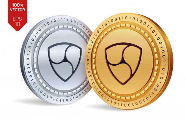Криптовалюта золотые и серебряные монеты с символом Нем на белом фоне.