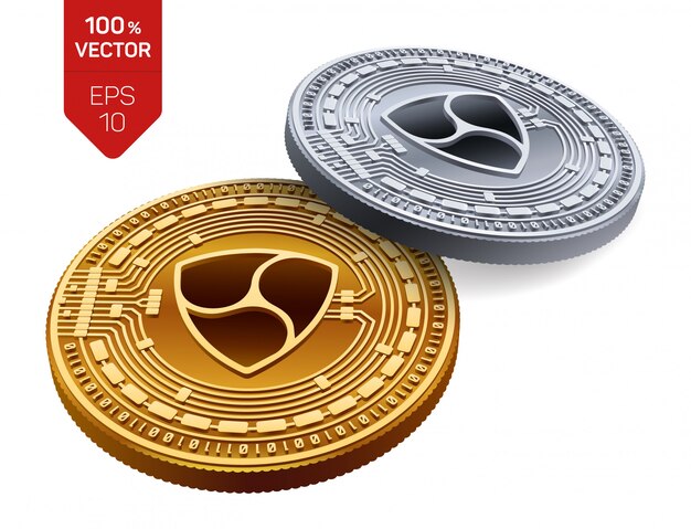 Nem 기호 흰색 배경에 고립 된 Cryptocurrency 황금과 은색 동전.