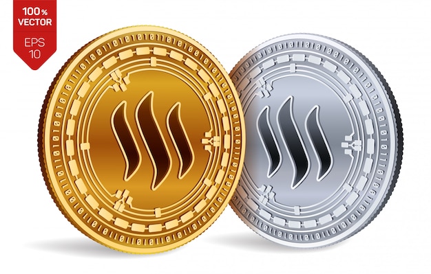 Cryptocurrency golden and silver coins with Steem symbol isolated on white background.