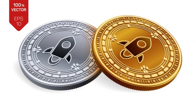 Cryptocurrency golden and silver coins with Stellar symbol isolated on white background.