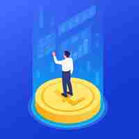 Free vector cryptocurrency isometric concept with human character standing on coin against blue background 3d vector illustration