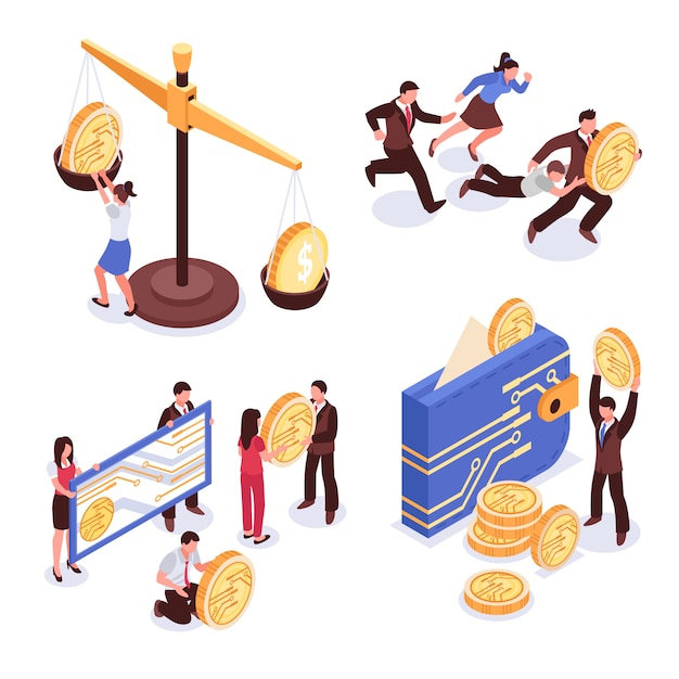 Cryptocurrency isometric design concept isolated on white background illustration